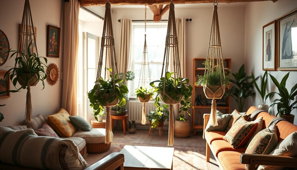 macrame and plant holders in living room