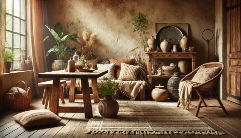 Ambiente de sala decorado no estilo rústico com madeira e pedra