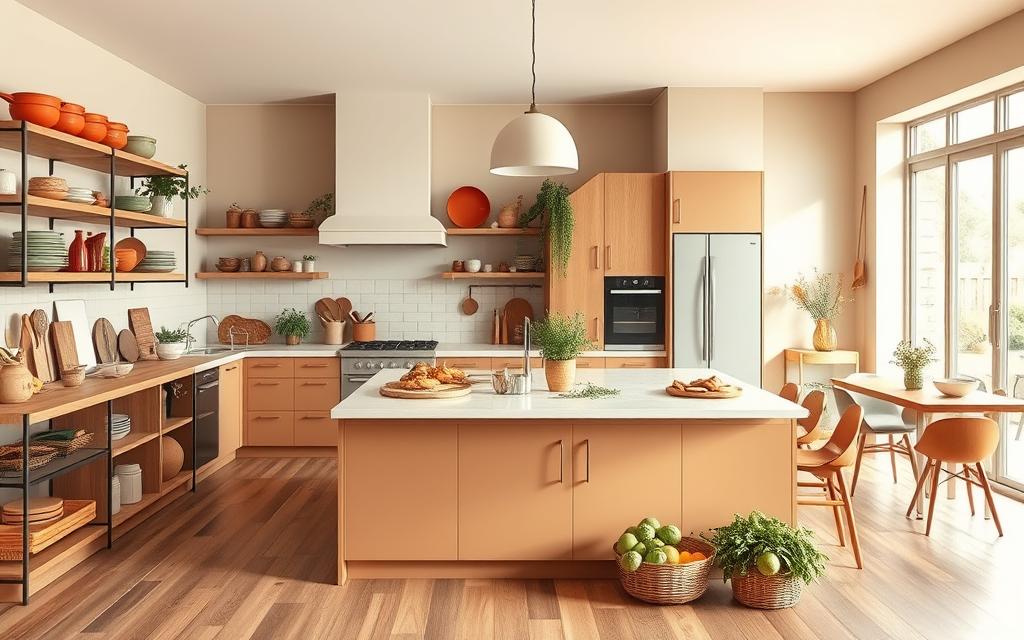 A bright, airy kitchen filled with a harmonious palette of warm, earthy hues. The foreground showcases an array of kitchen accessories and cookware in muted tones of ochre, terracotta, and sage green, artfully arranged on wooden shelves. In the middle ground, a large kitchen island with a sleek, minimalist design stands as the centerpiece, its surface topped with a variety of fresh produce and herbs. The background features a panoramic view of the kitchen, with large windows letting in natural light that casts a gentle glow over the space. The overall atmosphere is one of balance, functionality, and a celebration of natural tones that amplify the sense of comfort and homeliness.