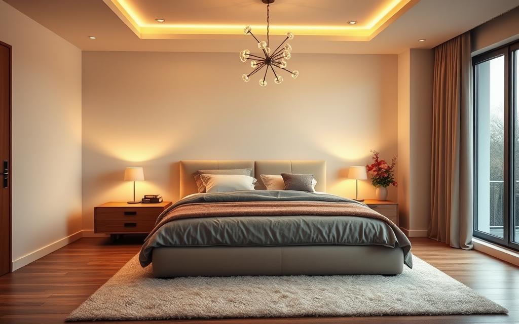 A cozy and modern bedroom with warm, diffused lighting that creates a serene atmosphere. A large, plush king-size bed takes center stage, flanked by sleek, minimalist nightstands with modern table lamps casting a soft, ambient glow. Overhead, a statement light fixture, such as a cluster of pendants or a large, sculptural chandelier, illuminates the room with a touch of elegance. Warm, wooden tones complement the neutral color palette, while textured accents like a plush area rug and cozy throw blanket add depth and coziness. Large windows allow natural light to filter in, creating a bright and inviting space.