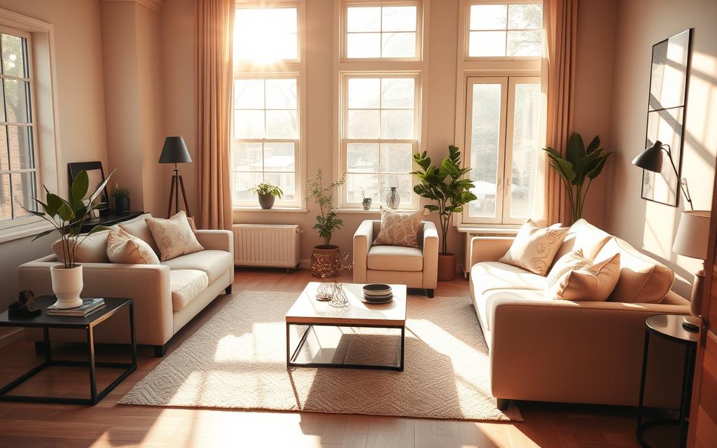A cozy and well-organized living room with a stylish L-shaped layout for improved circulation. The room is bathed in warm, natural lighting streaming through large windows, creating a bright and airy atmosphere. The furniture is arranged in a practical L-configuration, with a plush sofa and armchair facing each other, allowing for easy conversation and movement around the space. Accent pieces, such as a sleek side table and a decorative plant, add visual interest and a touch of sophistication. The overall design emphasizes efficiency, comfort, and a harmonious flow, making the most of the limited square footage.