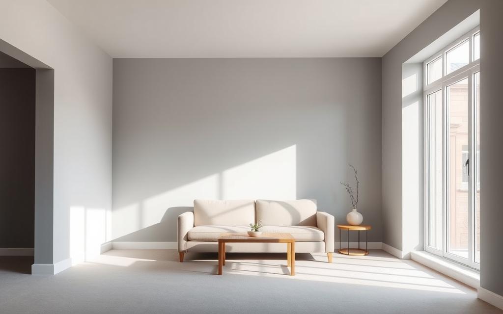 A minimalist living room with a clean, airy atmosphere. A large window floods the space with natural light, casting soft shadows across the muted gray walls. A low-profile sofa in a neutral tone sits centered, complemented by a simple wooden coffee table and a few carefully placed decorative accents. The room has an uncluttered, calming ambiance, achieved through the strategic use of negative space and a restrained color palette. The overall impression is one of understated elegance and visual harmony, creating a serene and inviting environment perfect for a small space.