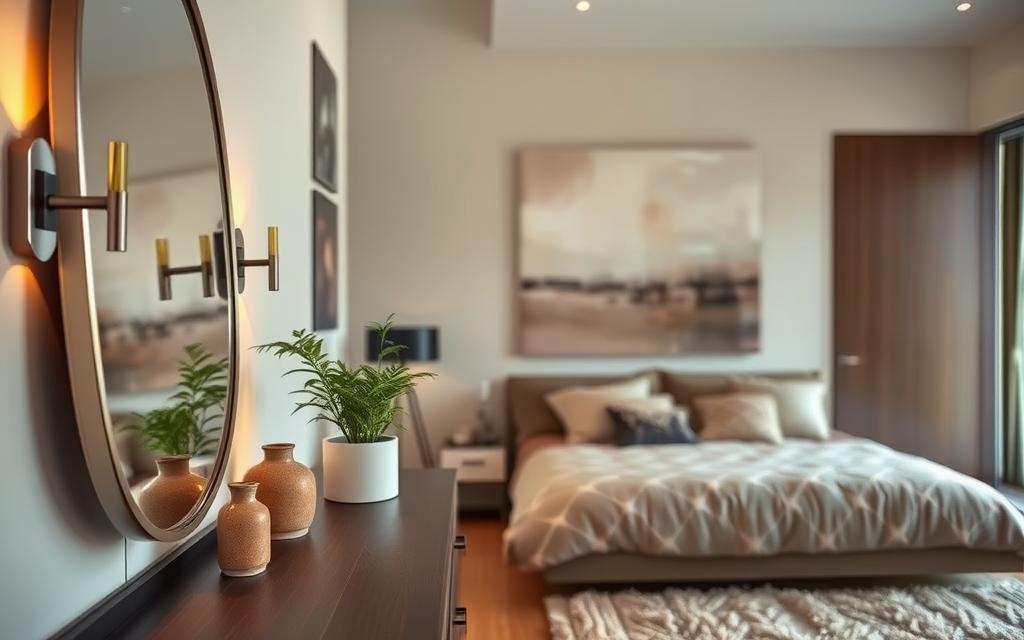 A modern couple's bedroom featuring a chic, well-curated arrangement of decorative elements. In the foreground, a minimalist metal-framed mirror reflects the warm, diffused lighting from a pair of sleek wall sconces. On the dresser, a lush potted plant and a small ceramic sculpture add organic textures and visual interest. The middle ground showcases a large, abstract canvas painting in muted tones, commanding attention as the focal point. Soft, taupe-colored bedding and patterned throw pillows create a cozy, inviting atmosphere, while a plush area rug in earthy hues grounds the space. The background hints at architectural details like a large window or sliding door, allowing natural light to fill the room and contribute to the serene, tranquil mood.