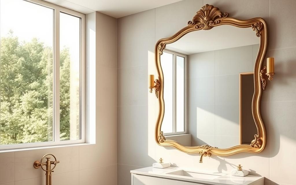 A modern, well-lit bathroom with a large, ornate mirror taking center stage. The mirror reflects the sleek, tiled walls, creating an illusion of depth and light. Elegant brass fixtures and a minimalist vanity complement the mirror, highlighting its visual impact. Natural sunlight streams in through a large window, casting a warm glow over the space. The overall atmosphere is one of sophistication and tranquility, perfectly befitting the "Espelhos e Revestimentos que Transformam" section of the article.