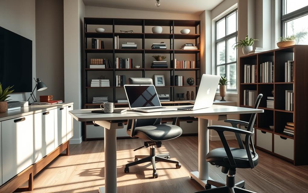 A stunning home office with versatile and functional furniture. In the foreground, a sleek, height-adjustable desk with clean lines and a minimalist design. Placed on it, a modern laptop and a few carefully curated office supplies. In the middle ground, a comfortable, ergonomic office chair with a supportive back and swivel functionality. Behind it, a modular bookshelf system with adjustable shelves, providing ample storage and display space for books, documents, and decorative items. Natural light streams in through large windows, casting a warm glow over the space. The overall atmosphere is one of productivity, efficiency, and a touch of contemporary elegance.