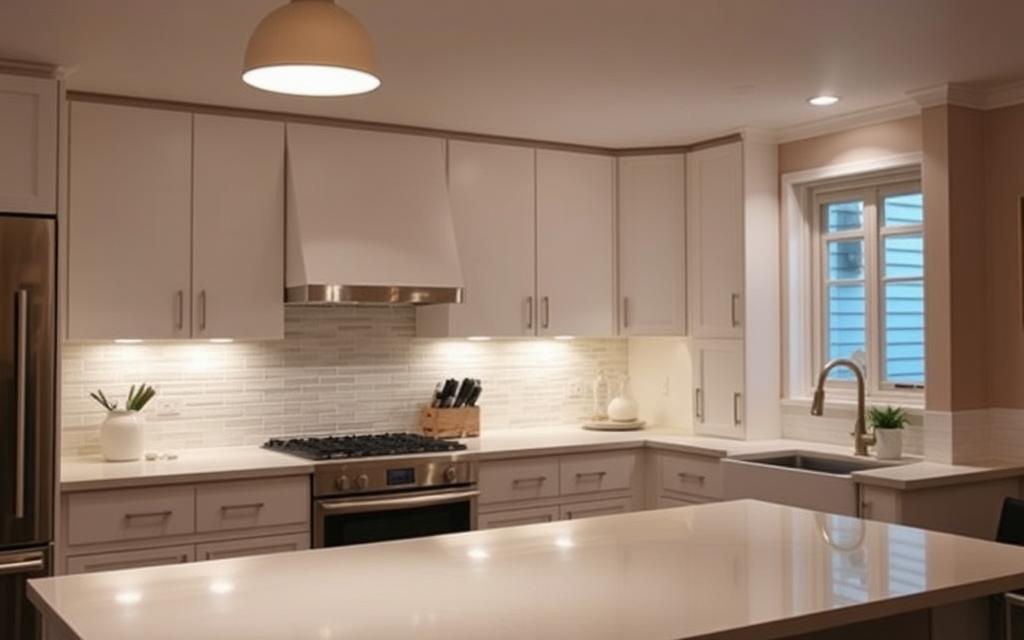 A warm and inviting kitchen with strategically placed lighting to enhance functionality and comfort. Soft, diffused overhead lighting illuminates the clean, modern countertops and cabinets, while task lighting under the upper cabinets casts a gentle glow on the food preparation area. Recessed spotlights along the backsplash create a cozy, intimate atmosphere, highlighting the textural details of the tile. Subtle accent lights along the edges of the island provide a gentle ambient glow, drawing the eye towards the inviting work and gathering space. The overall lighting design seamlessly integrates with the kitchen's elegant, minimalist aesthetic, creating a harmonious and practical environment.