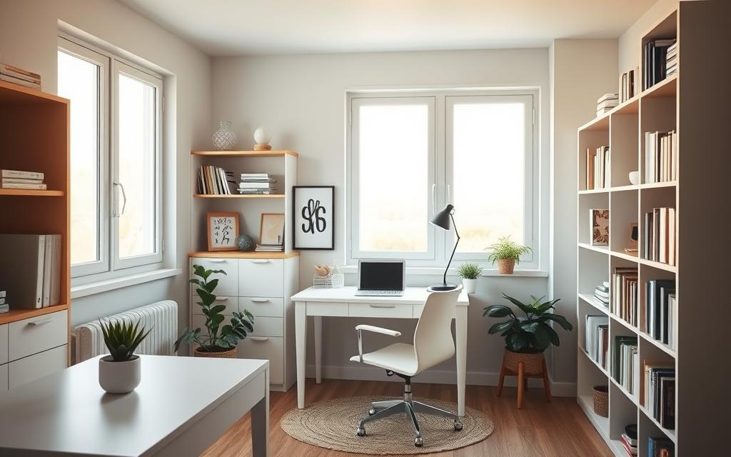 Cozy and organized home office with clean, minimalist design. Warm natural lighting from large windows illuminates a small but efficient workspace. Sleek white desk and chair, paired with wood accents for a Scandinavian-inspired look. Minimalist decor includes a few potted plants, a small framed artwork, and a task lamp. Bookshelves line the walls, neatly arranged with books and a few decorative items. The space feels tranquil and uncluttered, reflecting a sense of productivity and focus.