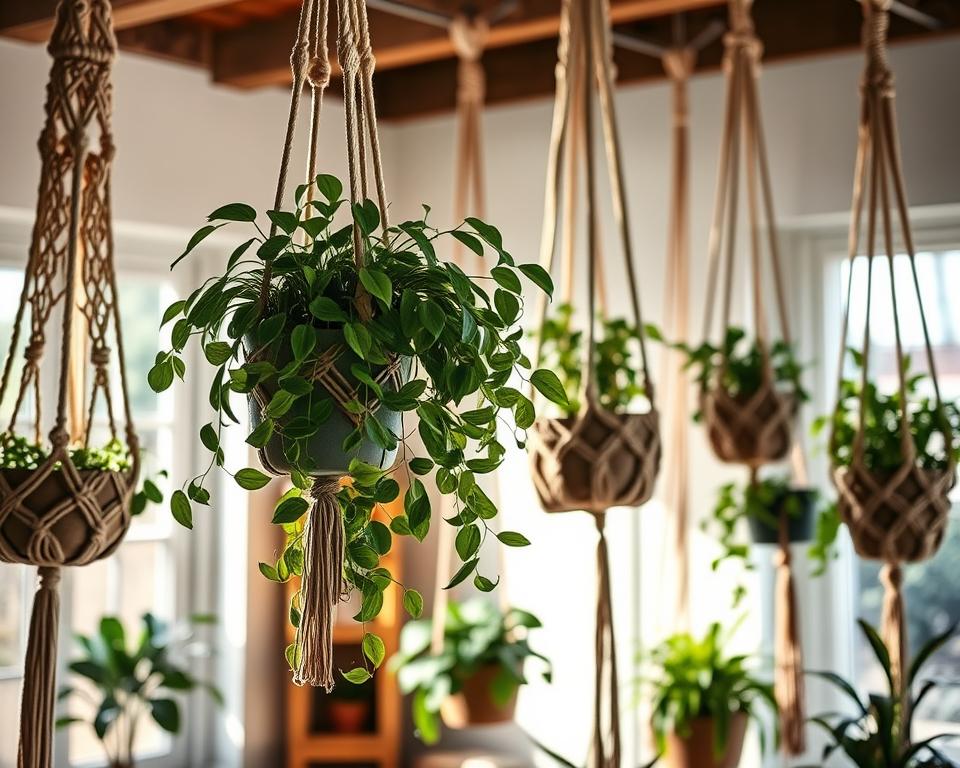 decoração com suportes de plantas em macramê