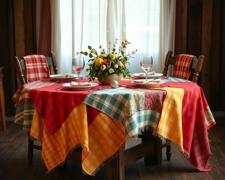 decoração com toalhas de mesa estampadas reutilizadas