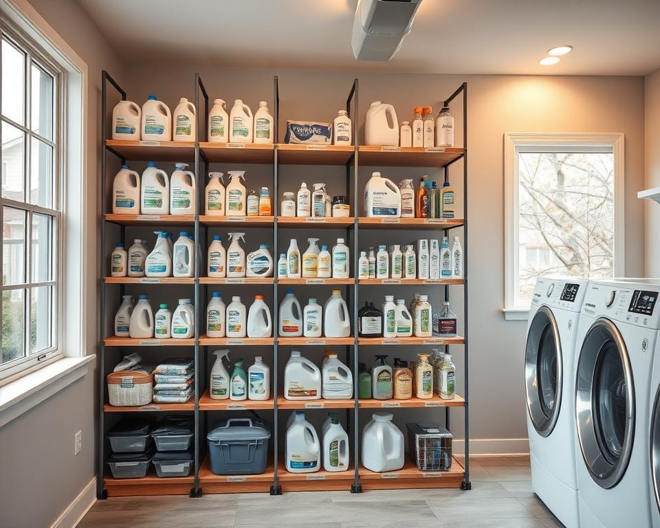 organização de produtos de limpeza na lavanderia